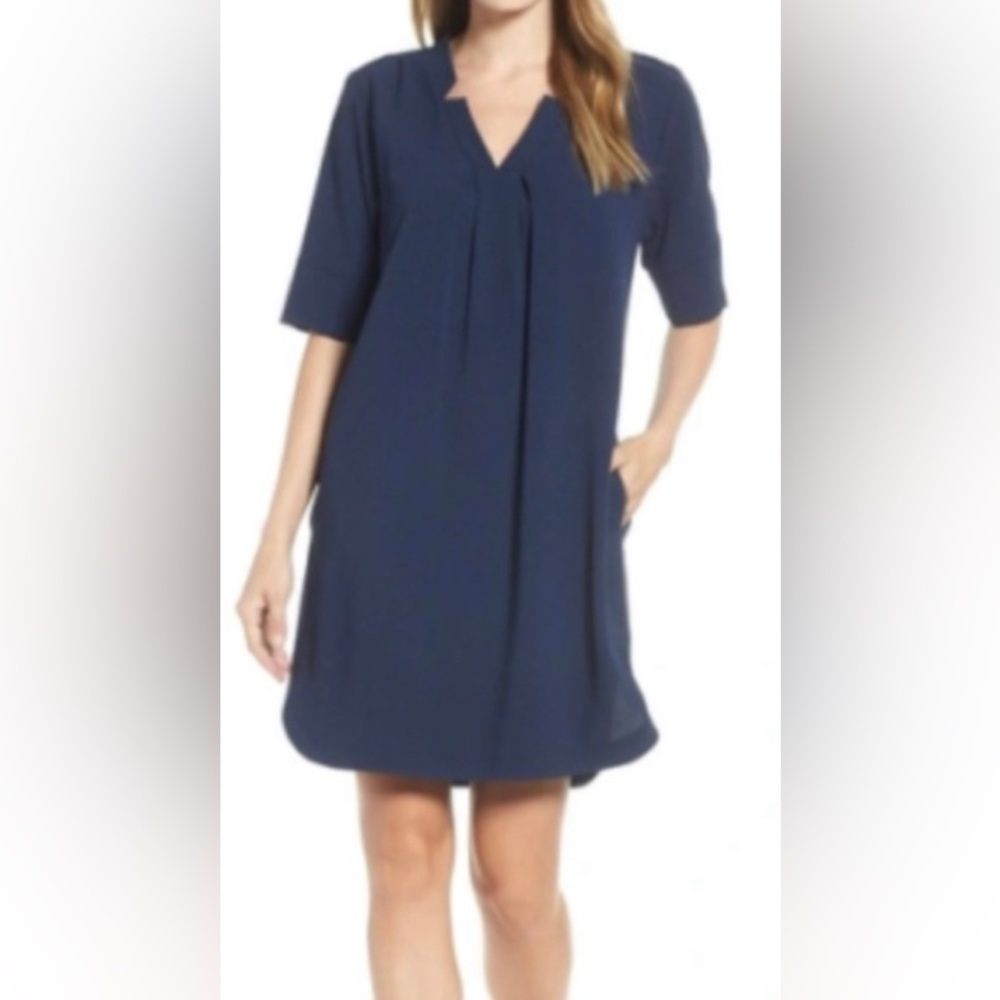 Bobeau Pleat Front Curved Hem Shirtdress